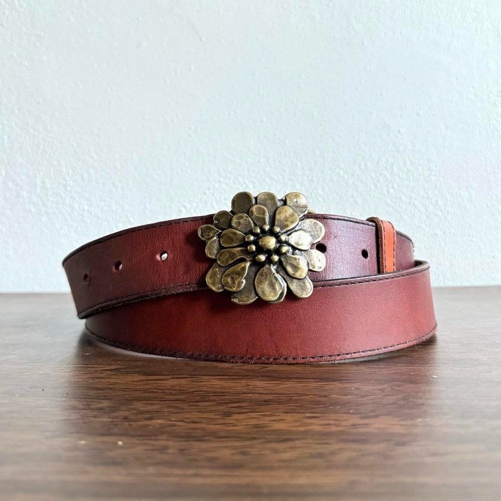 AE genuine leather belt with brass flower buckle size XL boho summer